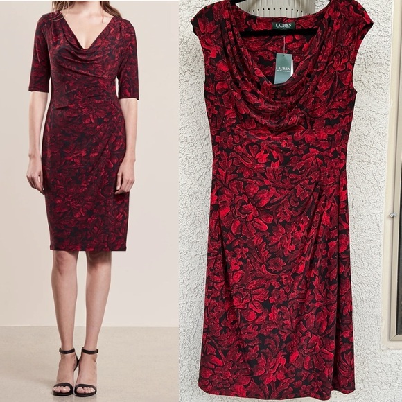 Ralph Lauren Dresses & Skirts - NWT Ralph Lauren Cowl Neck Jersey Sheath Floral Midi Dress Size 10 Cocktail Red
